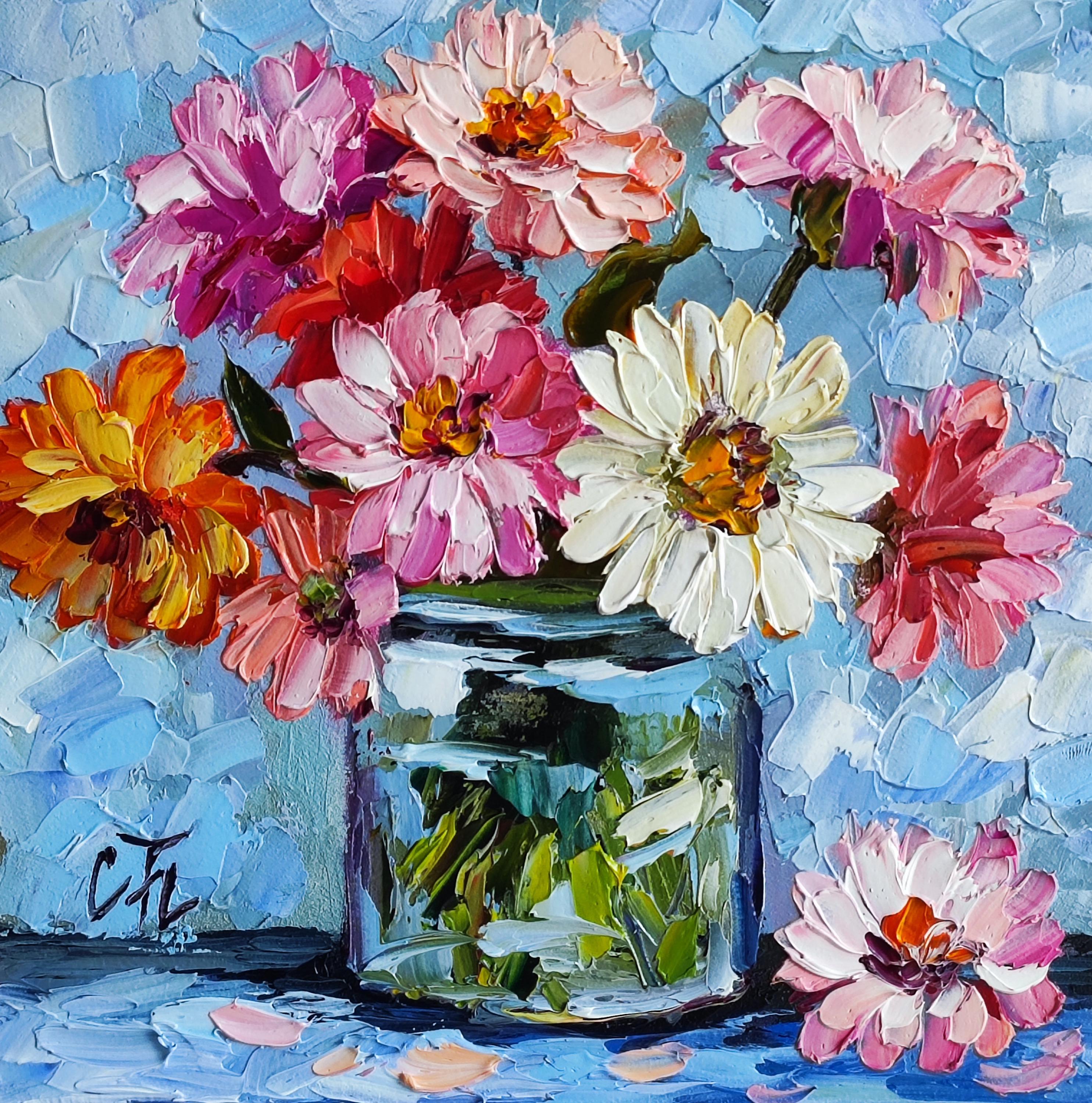 Zinnia Oil Painting, Colorful Flowers Vase Impasto, Floral