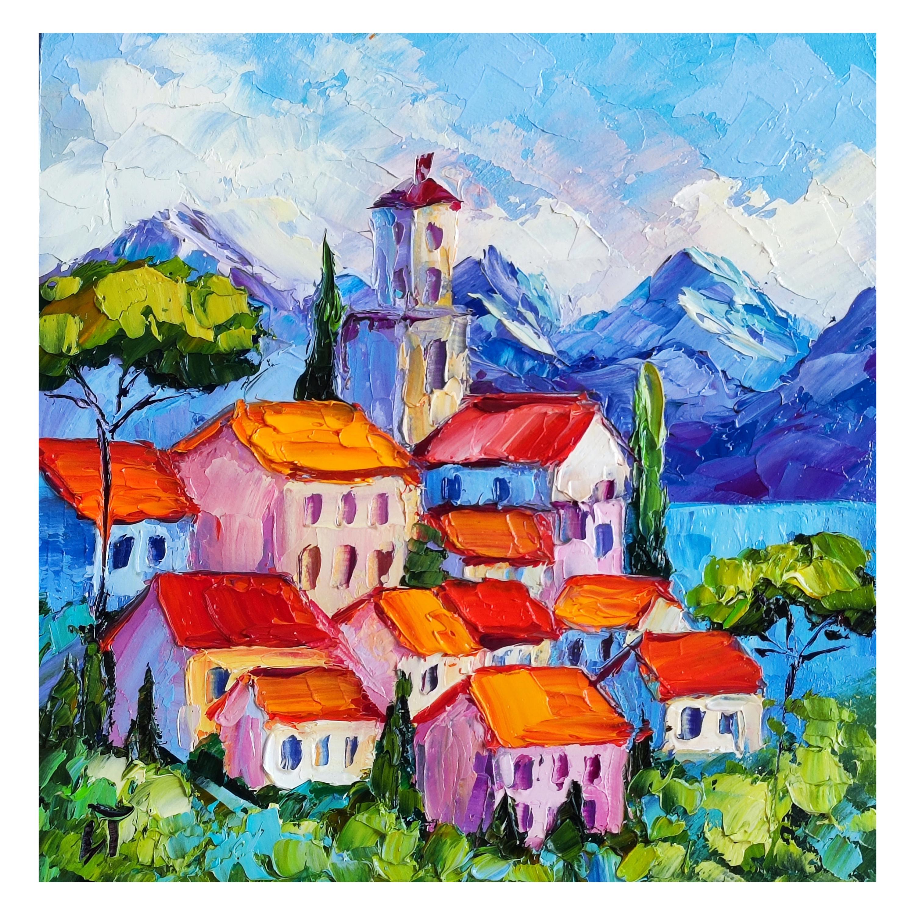 トスカーナの油絵：イタリアの都市景観オリジナルアートワーク（6 x 6