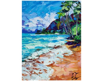 Peinture à l'huile originale hawaïenne, océan de plage de lagune, art de mur de paysage marin d'oeuvre d'art de paume