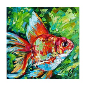 Gold Fish Oil Painting, Colorful Impasto Artwork Water Animals Original Wall Art 8*8 inch by ChertanaART