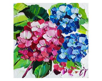 Hortensia pintura al óleo original, flores coloridas impasto obras de arte floral mini arte de pared