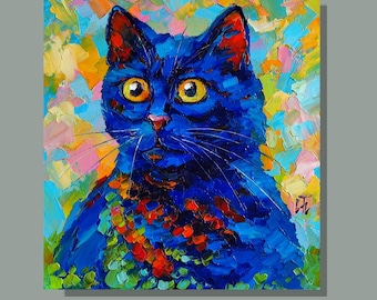 Black Cat Oil Painting, Pet Portrait Original Artwork, 8x7 in