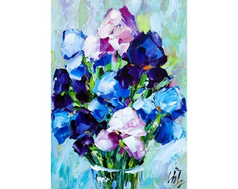 Art original de peinture à l'huile d'iris, art mural floral d'empâtement de fleurs bleues
