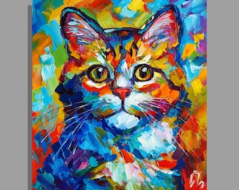 Cat Oil Painting: Colorful Animals Pet Portrait Original Art (8x7 in)