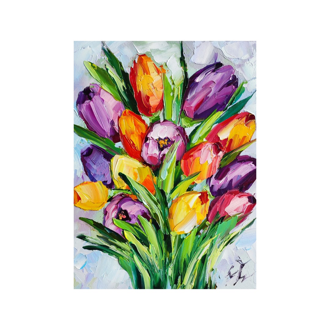 Tulips Oil Painting Flower Original Art, Flowers Impasto Tulip Artwork ...