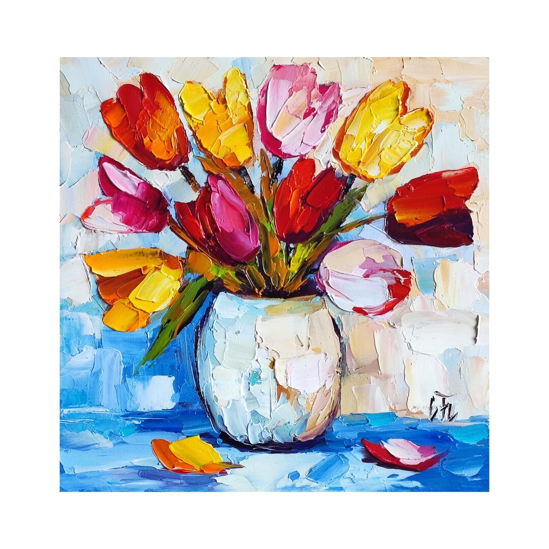 Tulips Oil Painting, Colorful Flowers Vase Impasto, Floral Original Art ...