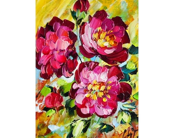 Peonia pittura a olio originale, fiori rossi impasto opere d'arte floreale da parete