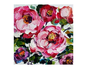 Peony original oil painting, pink flowers impasto artwork floral wall art 4*4 in