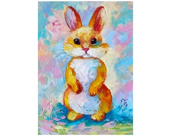 ウサギの絵画、カラフルな表現主義、オリジナル油絵（12x16） - Etsy 日本