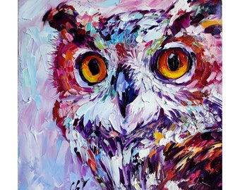 Peinture à l'huile originale et colorée de hibou d'oeuvre d'art d'oiseau d'oeuvre d'art d'animaux d'art mural