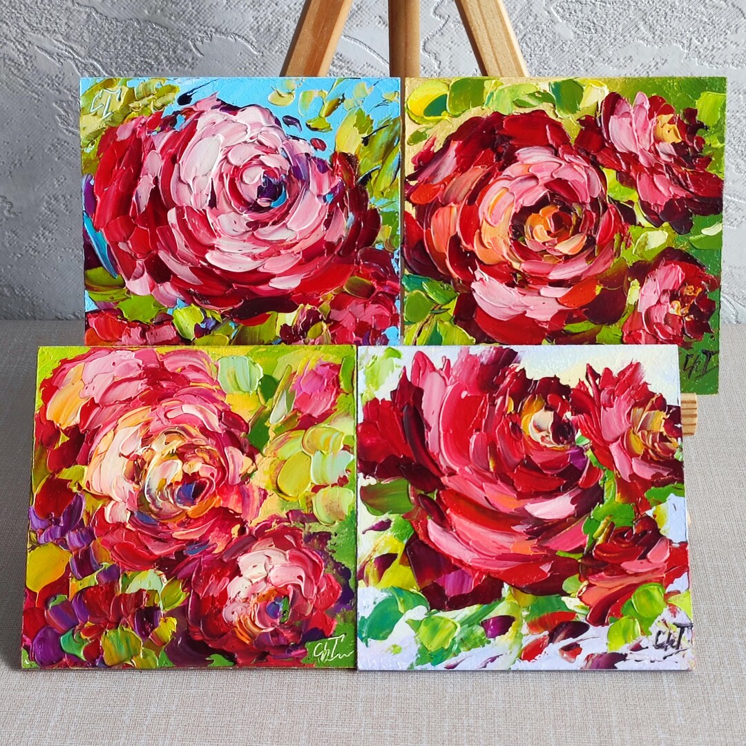 Rose Oil Painting, Abstract Red Flowers, Floral Original Mini Art, 4*4 ...