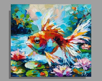 金魚の絵画：オリジナルのインパスト魚アート、8x8 - Etsy 日本