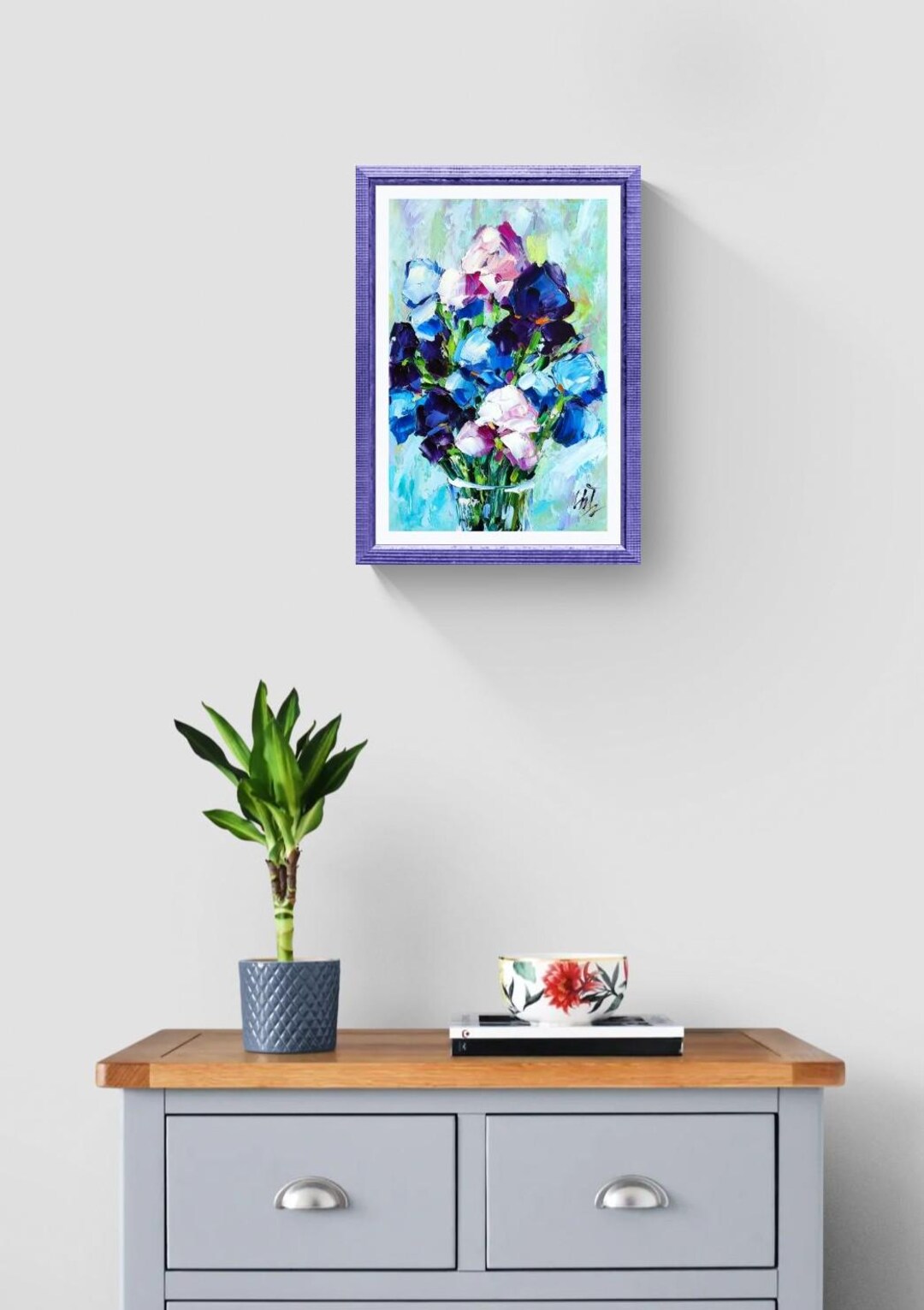 Irises Oil Painting, Blue Flowers Artwork, Floral Bouquet Impasto ...