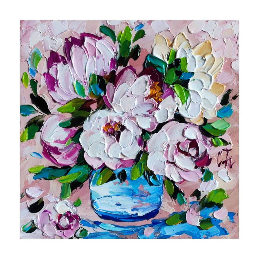 Peony Oil Painting, Bouquet Pink Flowers Impasto, Floral Original Art 6 ...