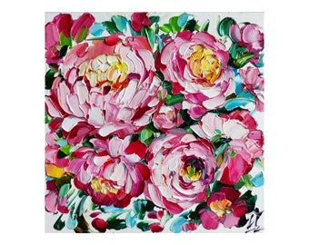 Peinture à l'huile originale de pivoine, oeuvre d'art mural floral empâtement de fleurs 6 * 6 po