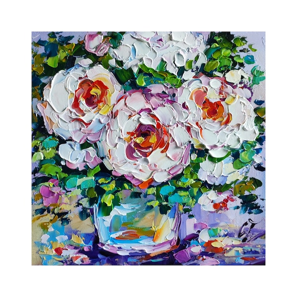 Peony painting original art, flowers oil impasto artwork Floral still life wall art Gift for her