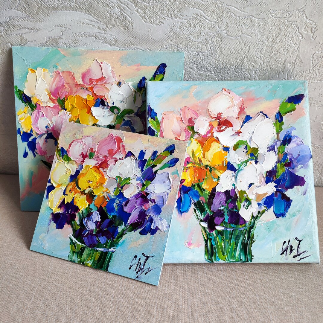 Iris Oil Painting Original Art, Colorful Flowers Impasto Artwork Floral ...