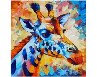 Giraffe Oil Painting Original Art, Colorful Africa Animals Artwork, 8*8 inch