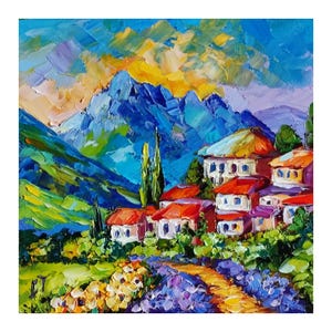 Tuscany painting original art, Italy village artwork mountain lavender landscape oil painting impressionist art 8*8 inch by ChertanaART