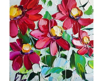 Daisy peinture à l'huile originale, fleurs sauvages rouges empâtement oeuvre d'art floral mini art mural