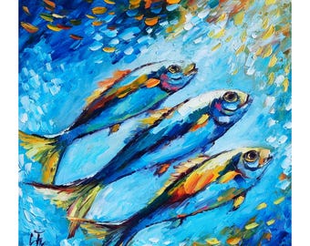Sardine Ölgemälde, Fische Meerestiere Originale Wandkunst, 20x20cm