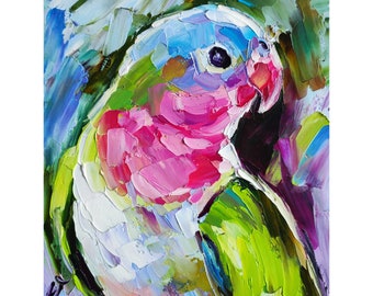Papagei Original Ölgemälde, Haustier Porträt bunte Vogel Kunstwerk Tiere Wandkunst