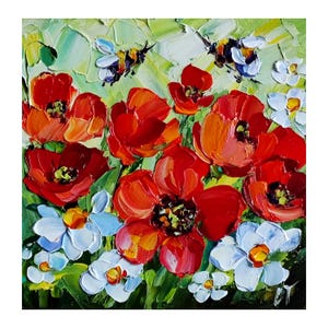 Poppy olieverfschilderij rode bloem originele kunst, wilde bloemen madeliefje, bij artwork bloemen landschap kleine muur kunst 6 * 6 inch door ChertanaART