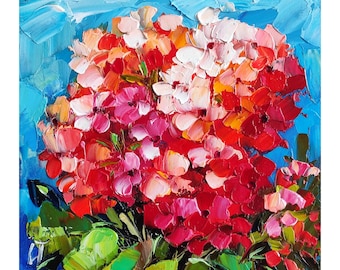 ゼラニウムの絵画、花、オリジナルアート、インパスト、油絵、小さな