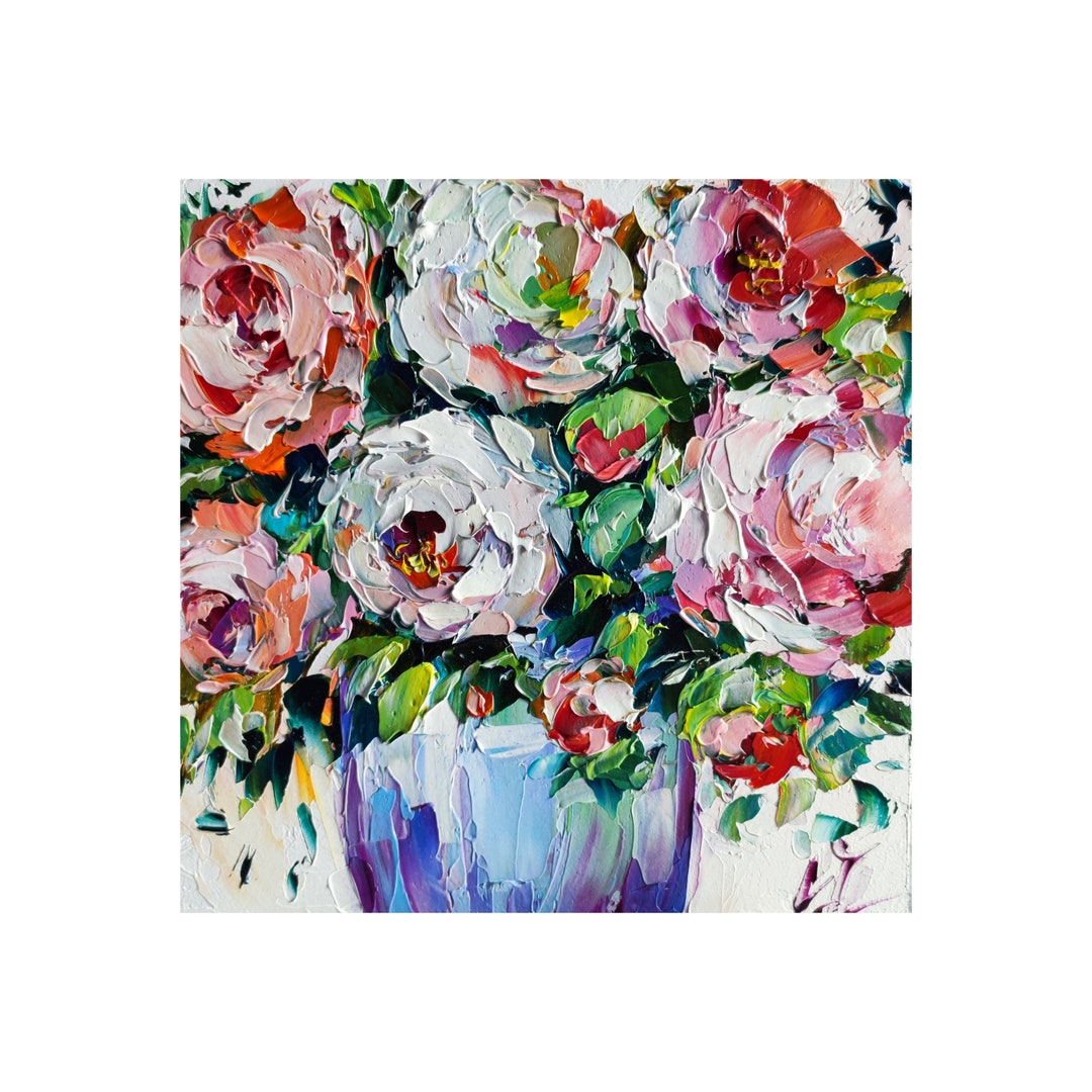 Peony Oil Painting Flower Original Art, Rose Artwork Floral Wall Art ...