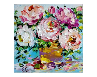 Peinture à l'huile originale de rose, oeuvre d'art floral nature morte florale
