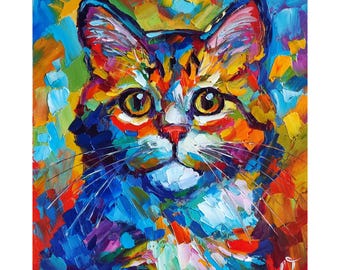 猫の絵画 オリジナル油絵 8 x 8インチ 壁装飾 印象派 彼女へのユニーク