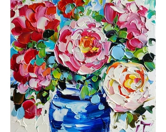 Rose original oil painting, flowers impasto artwork floral wall art 6*6 in