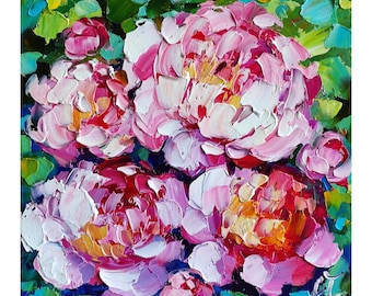 Pintura al óleo de peonías, flores rosas con técnica impasto, arte floral original para pared, 6 x 6 pulgadas.