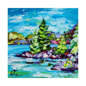 Lake Tahoe oil painting, California artwork landscape impasto original small wall art 6*6 inch, gifts by ChertanaART