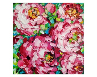 Peinture à l'huile de pivoine, oeuvre d'art florale d'empâtement de fleurs roses