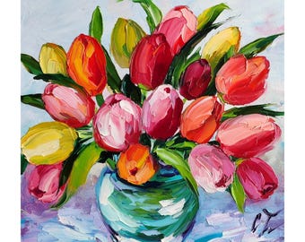 黄色いチューリップの油絵 オリジナルアート インパスト 花の静物画