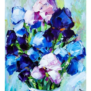 Irises oil painting original, blue flowers iris artwork floral bouquet impasto wall art 12*8 inch, gift for her by ChertanaART