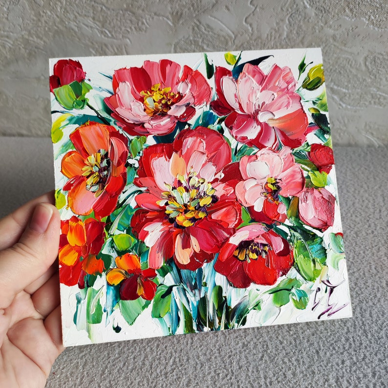 Peinture à l'huile originale de pavot, oeuvre d'art florale de fleurs sauvages rouges image 7