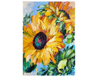 Sonnenblumen original Ölgemälde Leinwand, Wildblumen Kunstwerk Blumenwandkunst