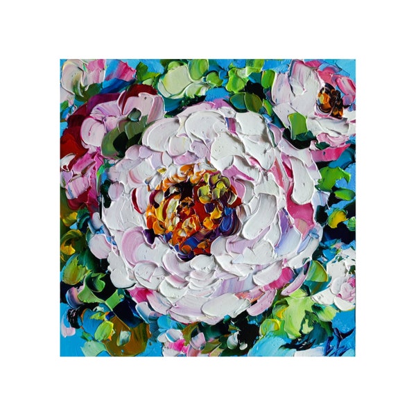 Pintura de peonía original, flores al óleo impasto obras de arte Arte de pared floral 6*6 pulgadas Regalo para ella