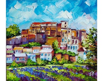 トスカーナ風景油絵：紫の茂み、イタリア印象派美術（12 x 8インチ