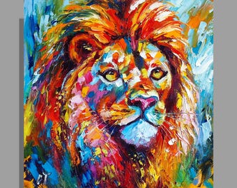 Lion Oil Painting, Colorful Portrait Wild Animals Original Wall Art, 10x10 in