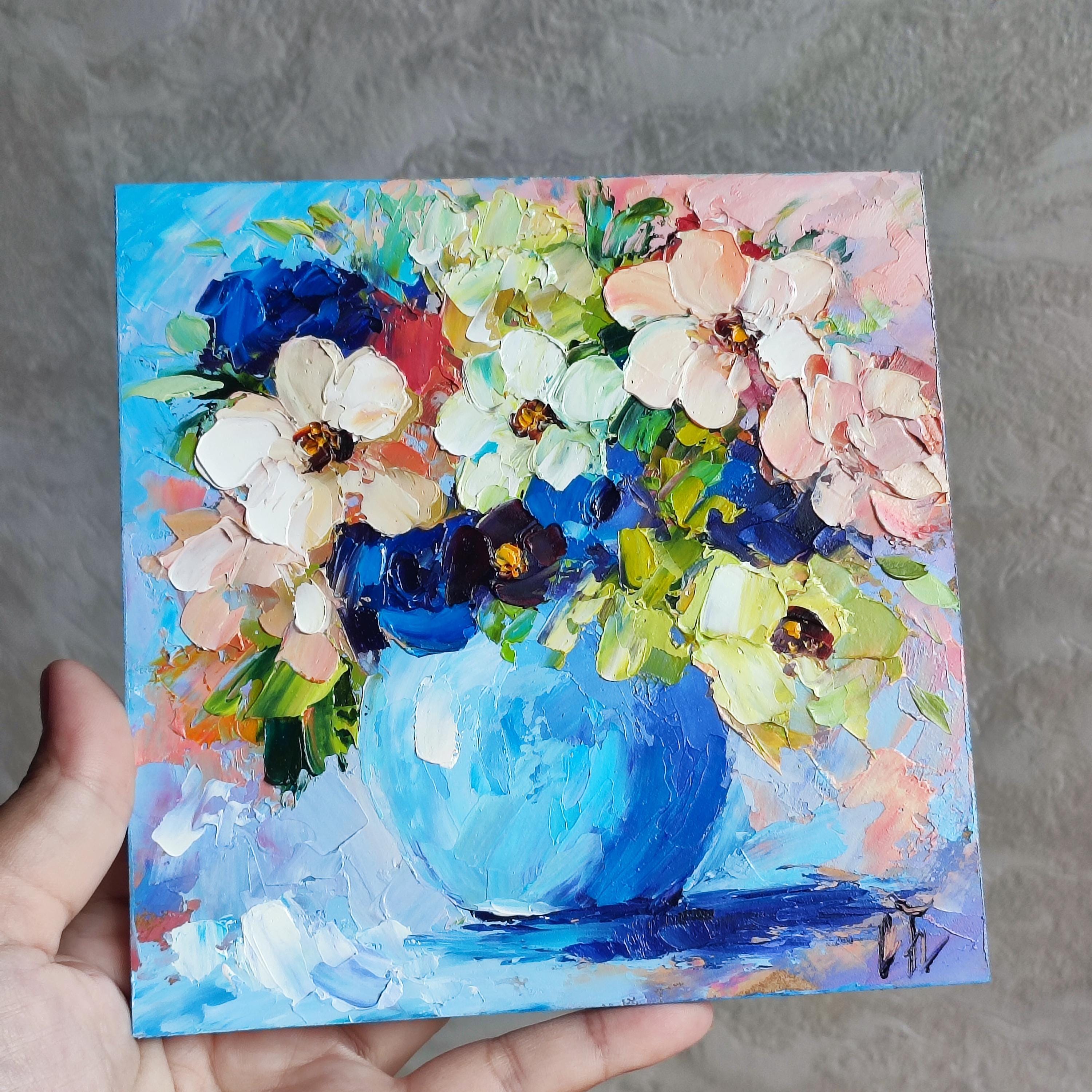 デイジー油絵：花瓶の中の野花、色とりどりの花のオリジナルアート、6