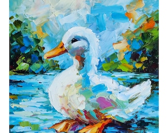 Eend op vijver olieverfschilderij, boerderij kleurrijke vogel, dierlijke originele kunst, 8 x 8 inch