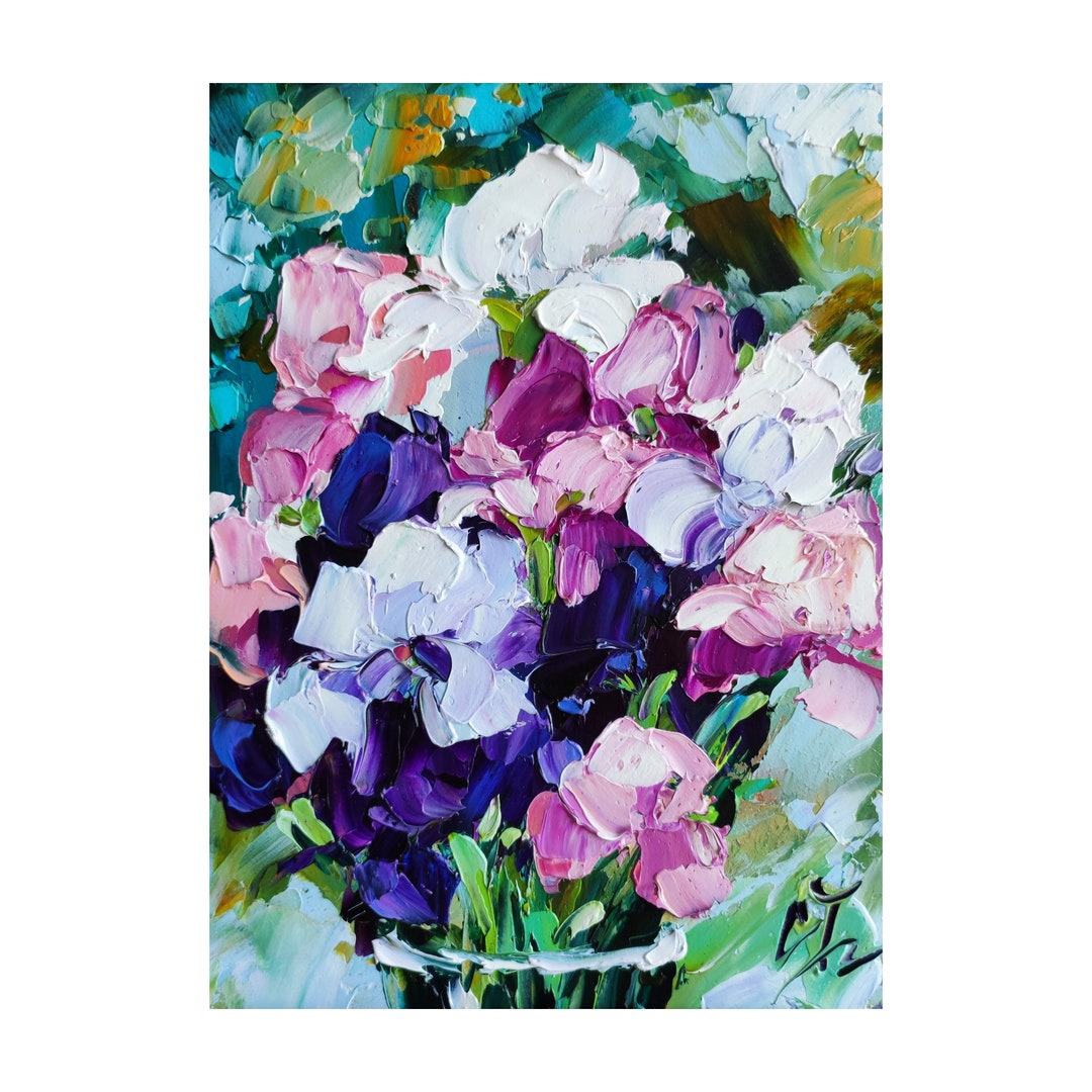 Iris Oil Painting Original Art, Colorful Flowers Impasto Artwork Floral ...