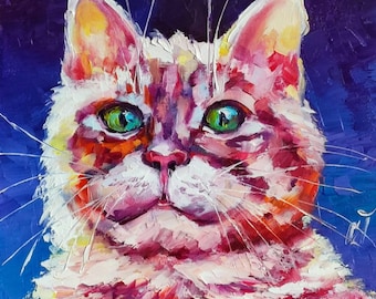 猫の絵画 オリジナル油絵 8 x 8インチ 壁装飾 印象派 彼女へのユニーク