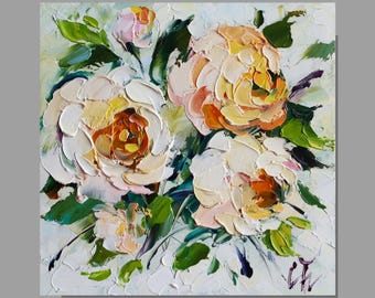 Peony Oil Painting: Abstract Flowers Impasto, Floral Original Art (6x6 inches)