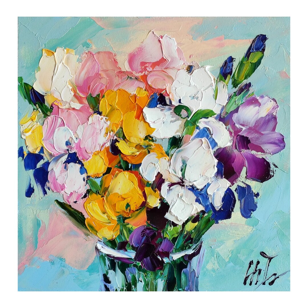 Iris Oil Painting Original, Floral Colorful Bouquet Artwork 8x8 Inch - Etsy