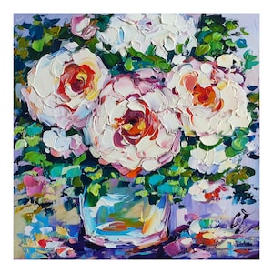Impasto Peony Oil Painting: Floral Still Life, 8x8 Original Art