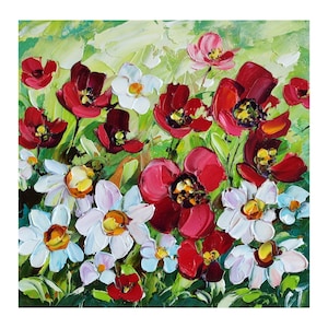 Poppy olieverfschilderij bloem originele kunst, wilde bloemen madeliefje artwork bloemen landschap kleine muur kunst 6 * 6 inch door ChertanaART